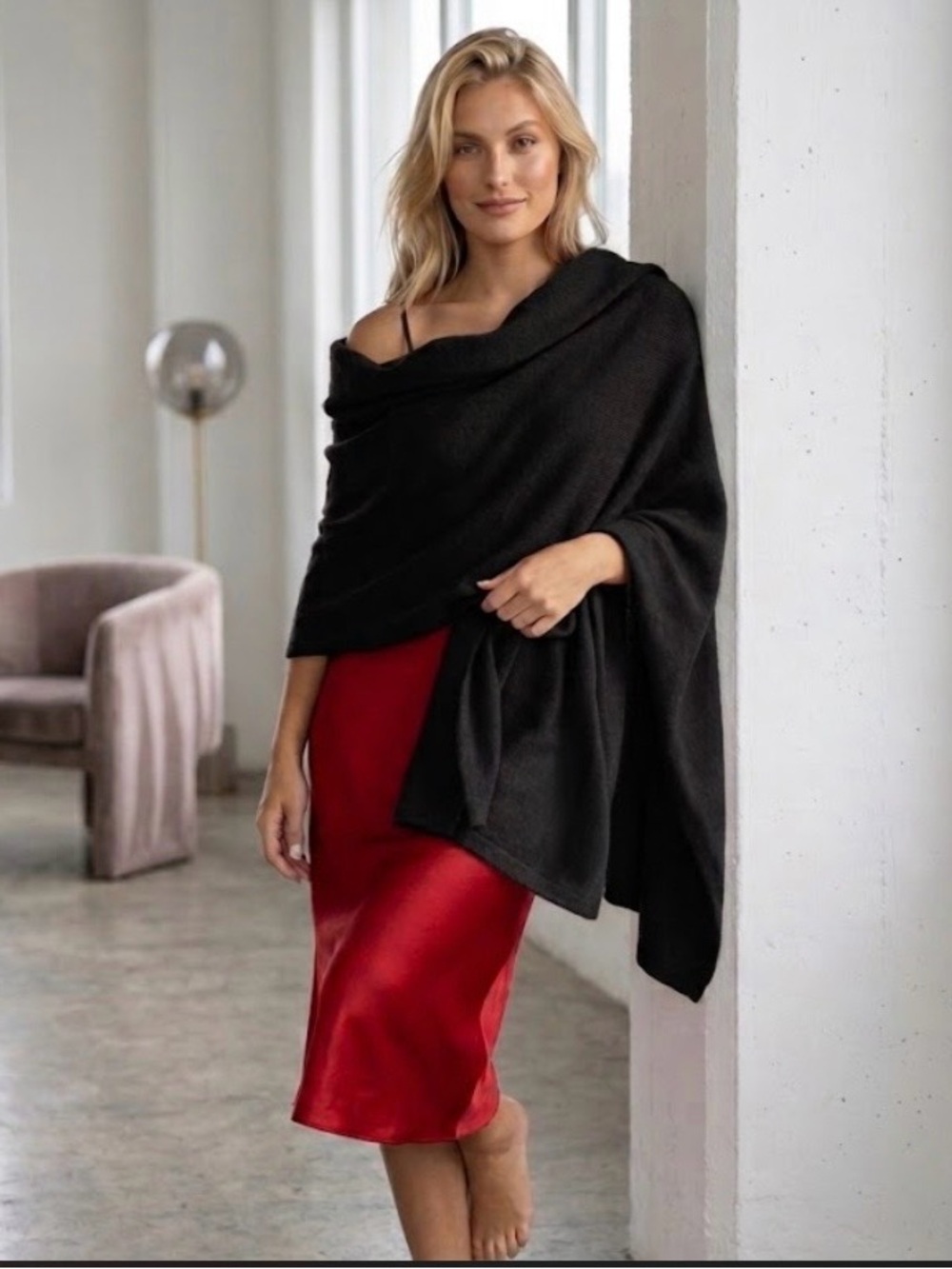 🔴 Michael Kors 💯 Cashmere Black Knit Shawl Wrap - Lightweight Layering Piece